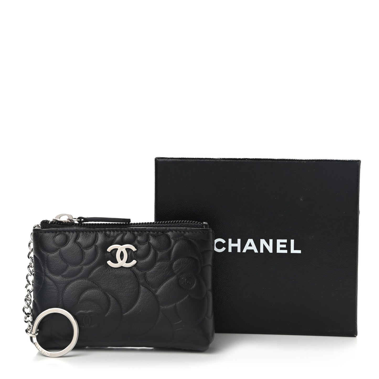 Lambskin Camellia Embossed Key Holder Case Black