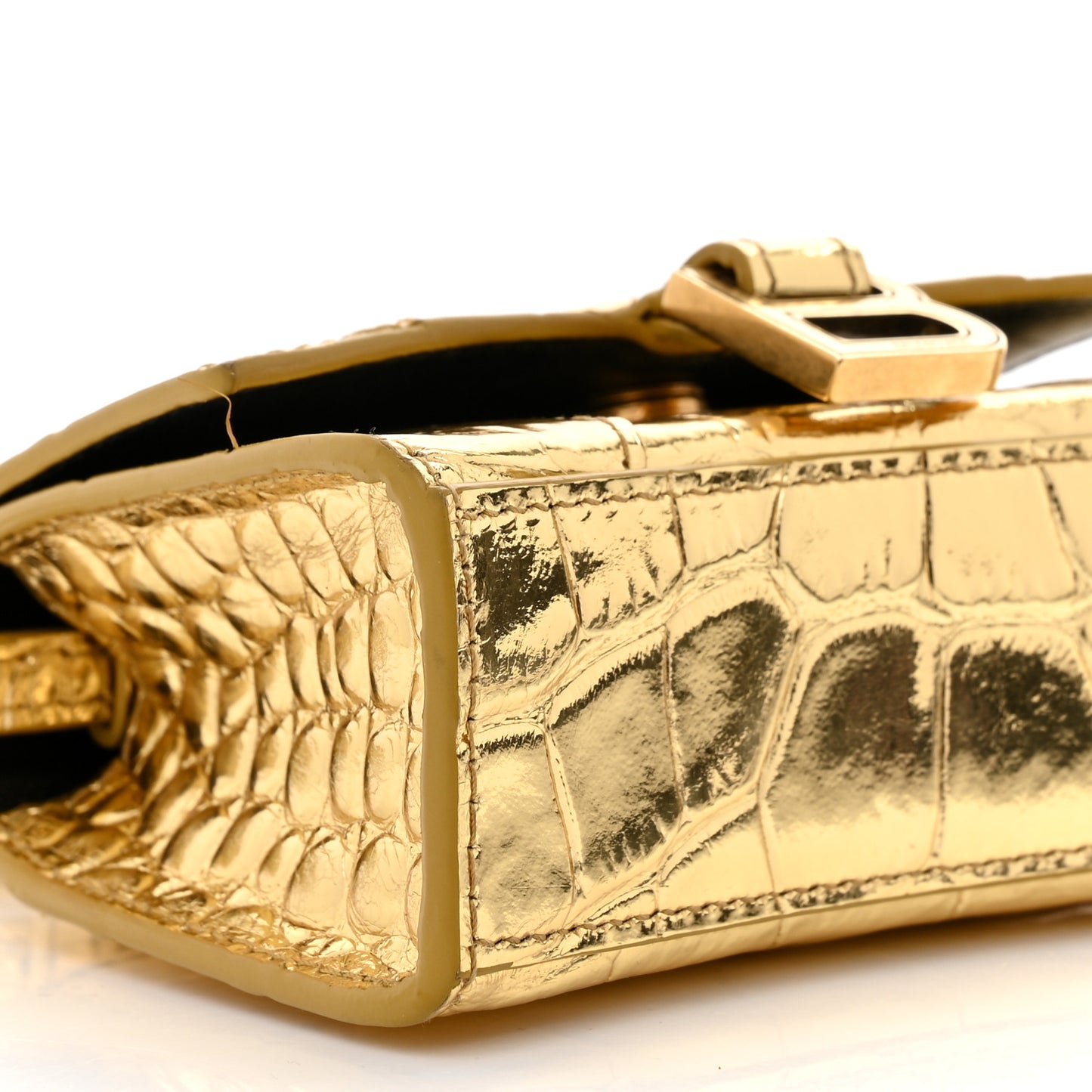 Metallic Calfskin Crocodile Embossed Hourglass Top Handle Bag Mini Gold