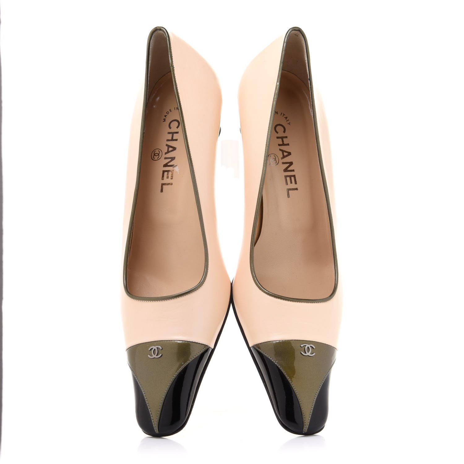 Chanel Lambskin Patent CC Pumps 39 Beige Black Green 7 of 11