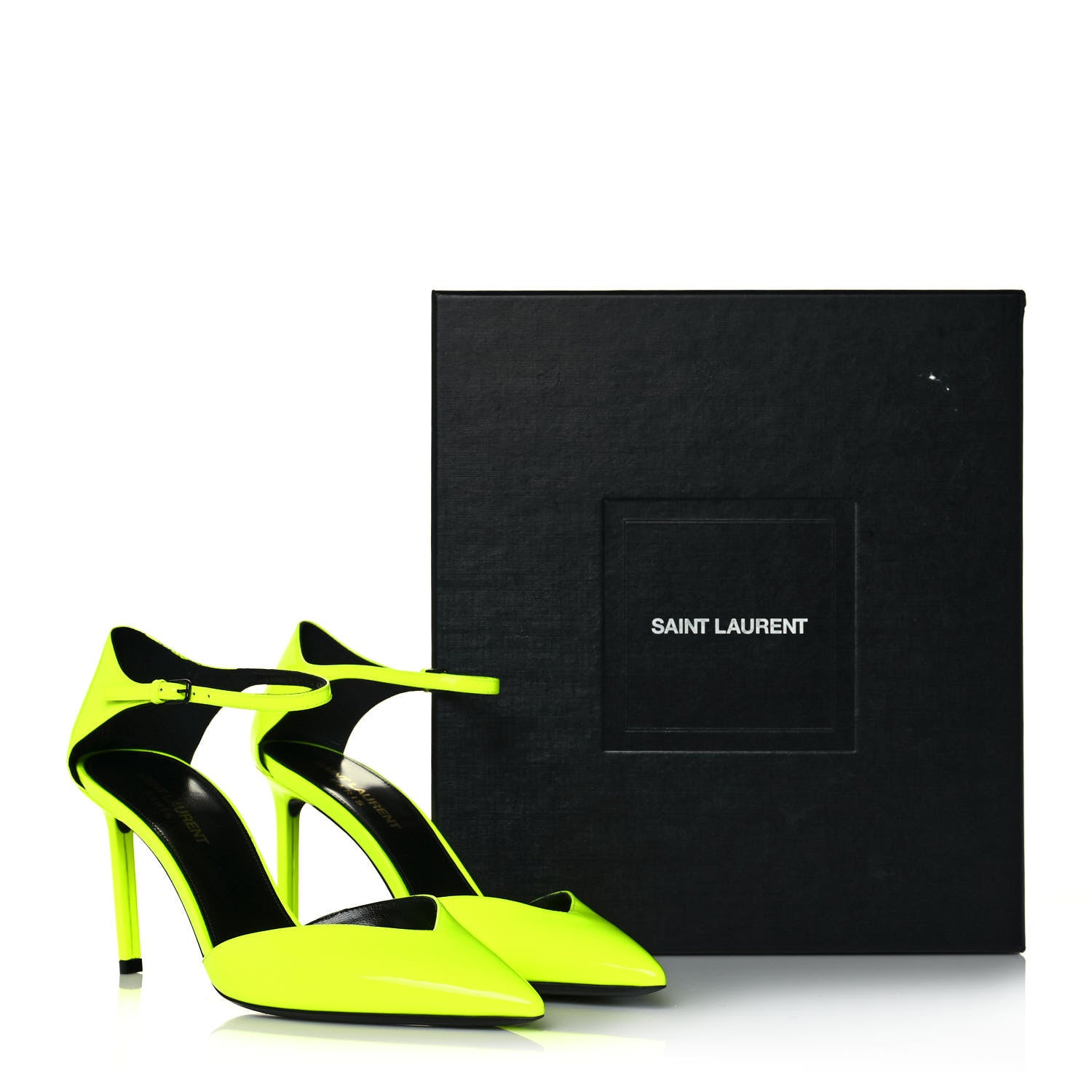 Saint Laurent Patent Anja 85 Ankle Strap Pointed Pumps 38.5 Fluo Yellow 8 of 8