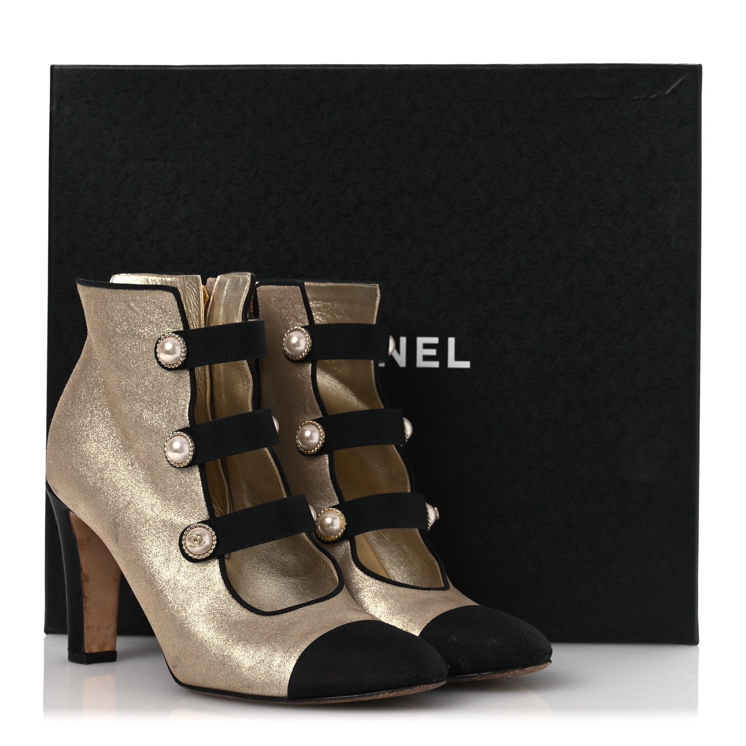 Chanel Metallic Calfskin Grosgrain Cap Toe Pearl Ankle Boots 37.5 Gold 14 of 14