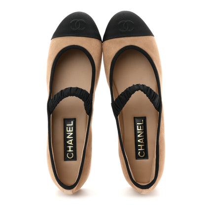 Chanel Suede Kidskin Grosgrain Mary Jane Flats 41 Beige Black 2 of 9