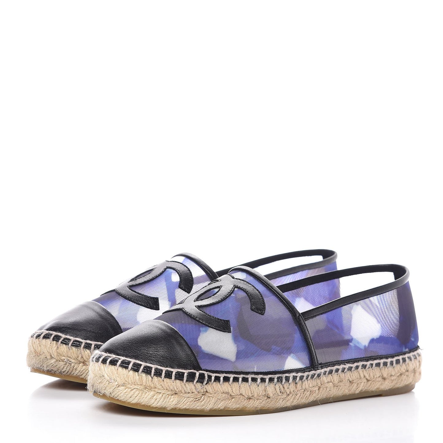 Mesh Lambskin Check Print CC Espadrilles 39 Blue Black White