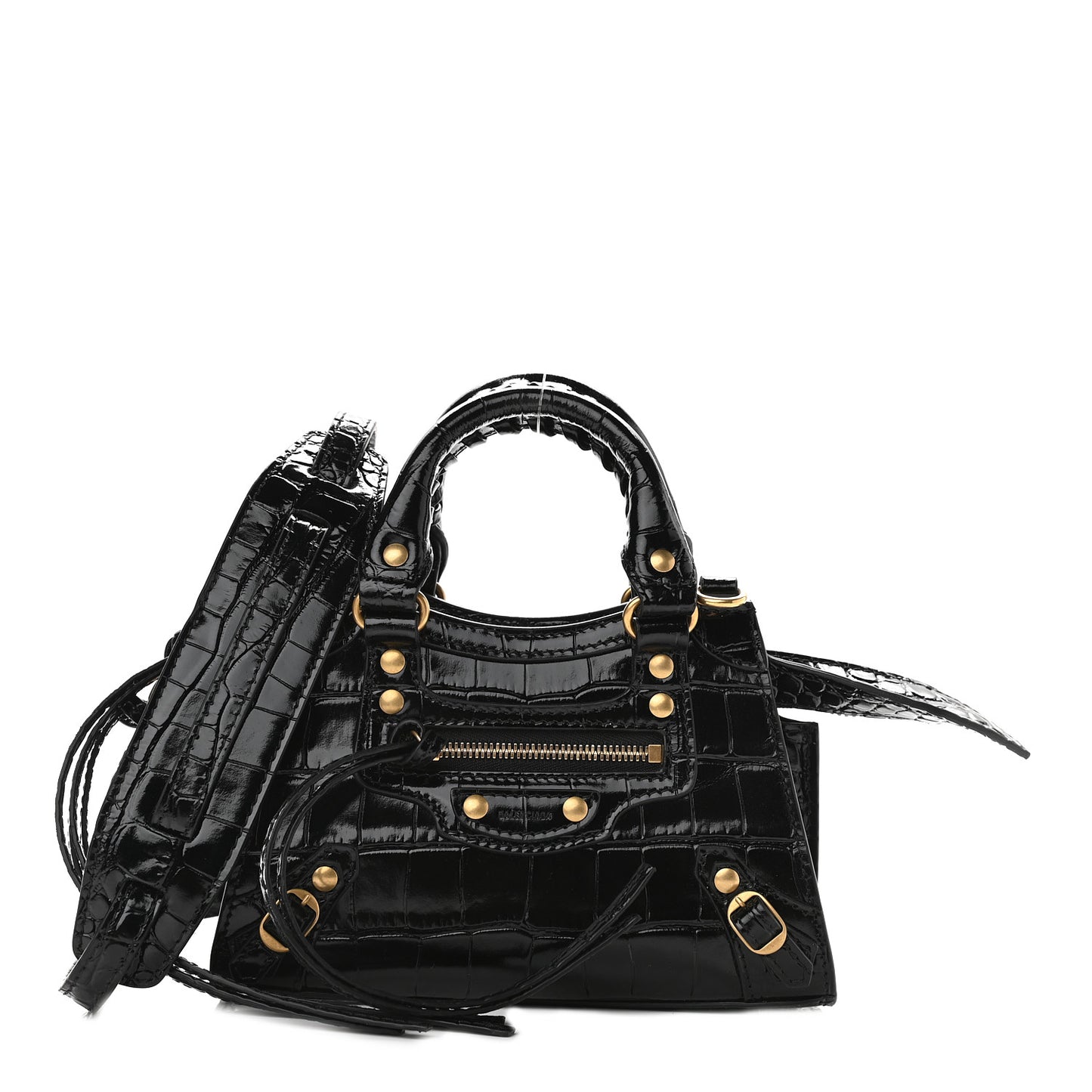 Shiny Supple Calfskin Crocodile Embossed Neo Classic Gold Hardware Nano City Crossbody Black