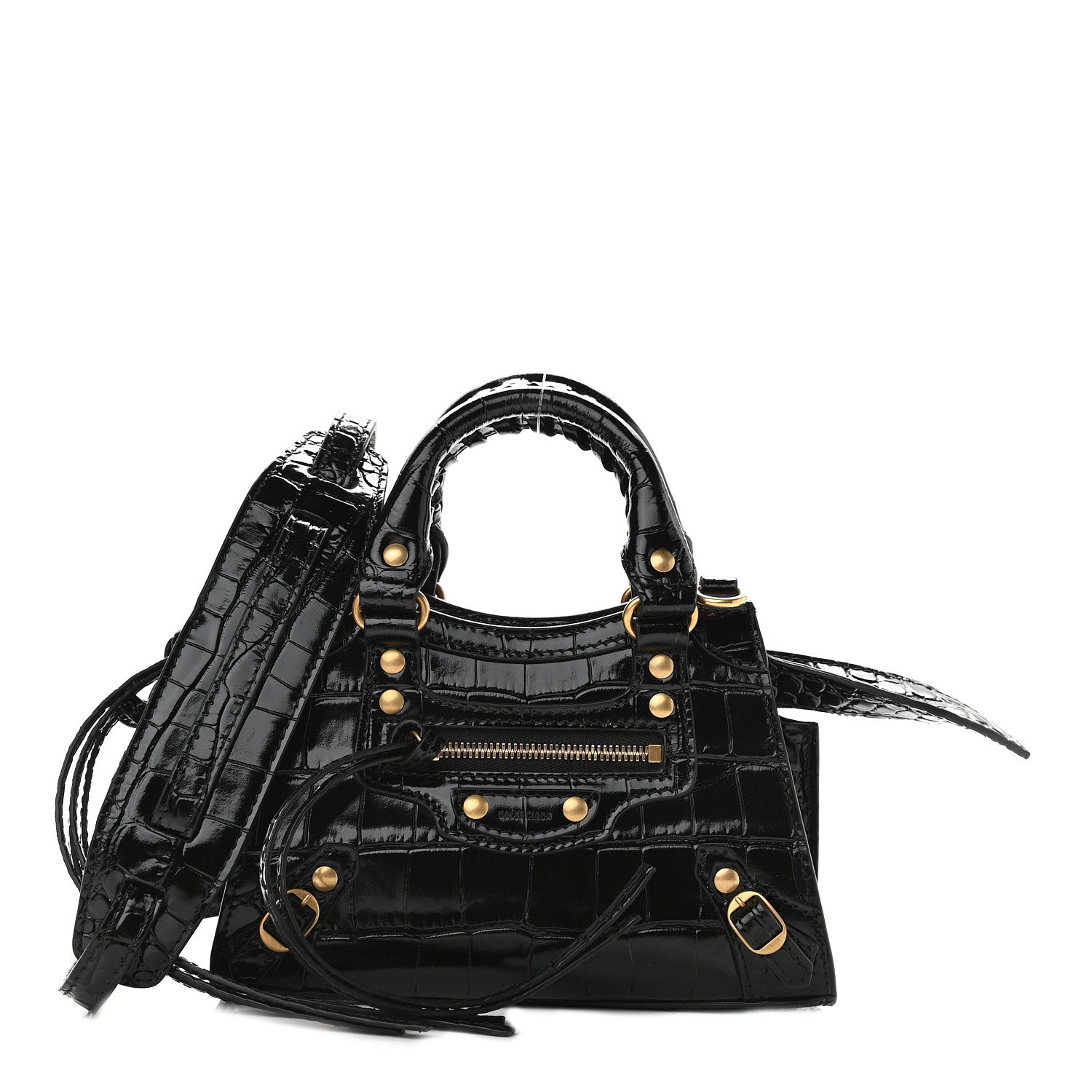 Balenciaga Shiny Supple Calfskin Crocodile Embossed Neo Classic Gold Hardware Nano City Crossbody Black 1 of 7
