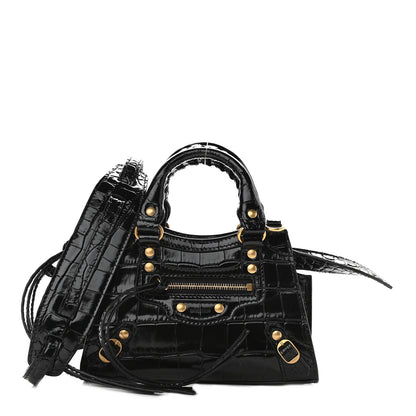 Balenciaga Shiny Supple Calfskin Crocodile Embossed Neo Classic Gold Hardware Nano City Crossbody Black 1 of 7