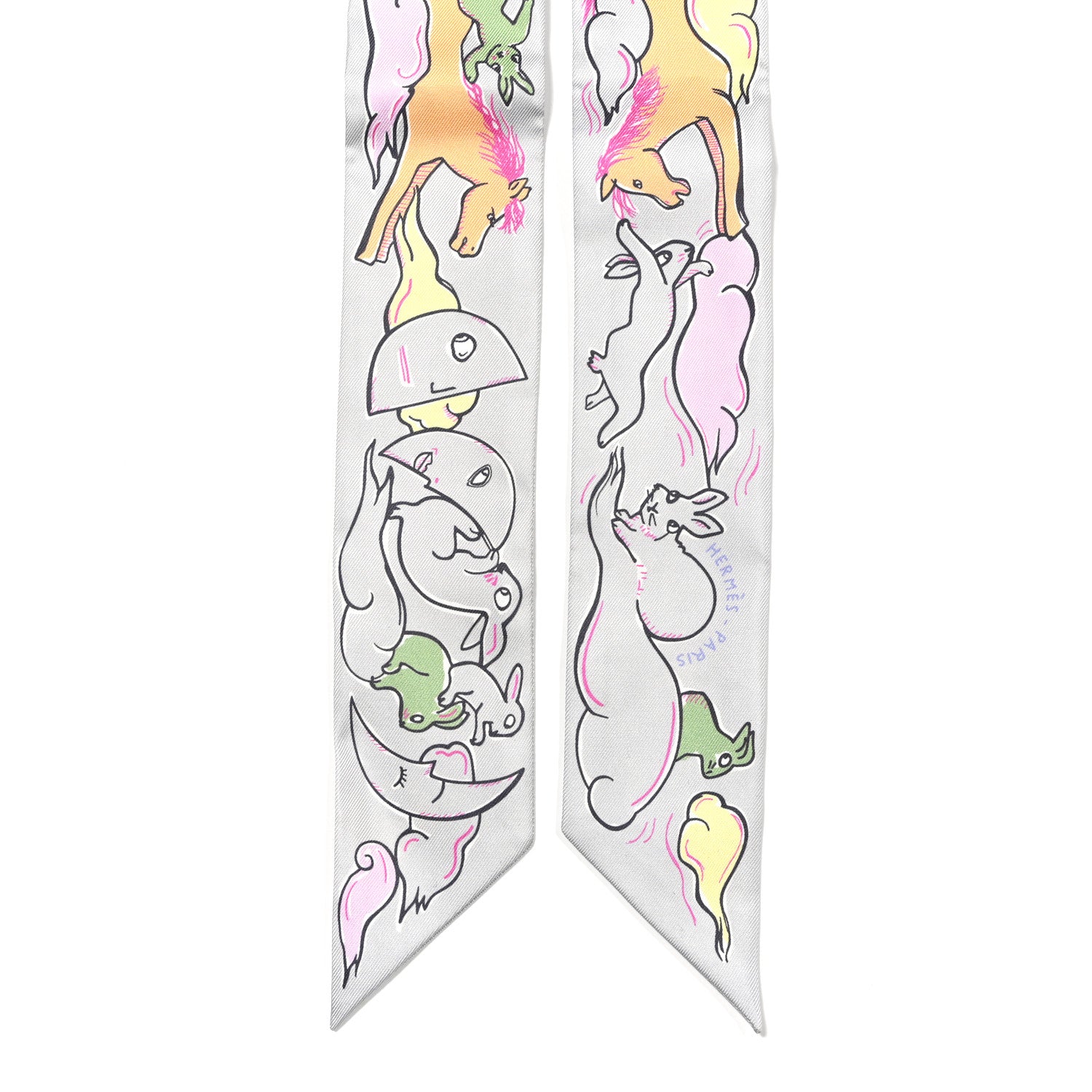 Hermes Silk Mille Et Un Lapins Twilly Gris Perle Rose Jaune 2 of 4