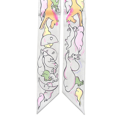 Hermes Silk Mille Et Un Lapins Twilly Gris Perle Rose Jaune 2 of 4