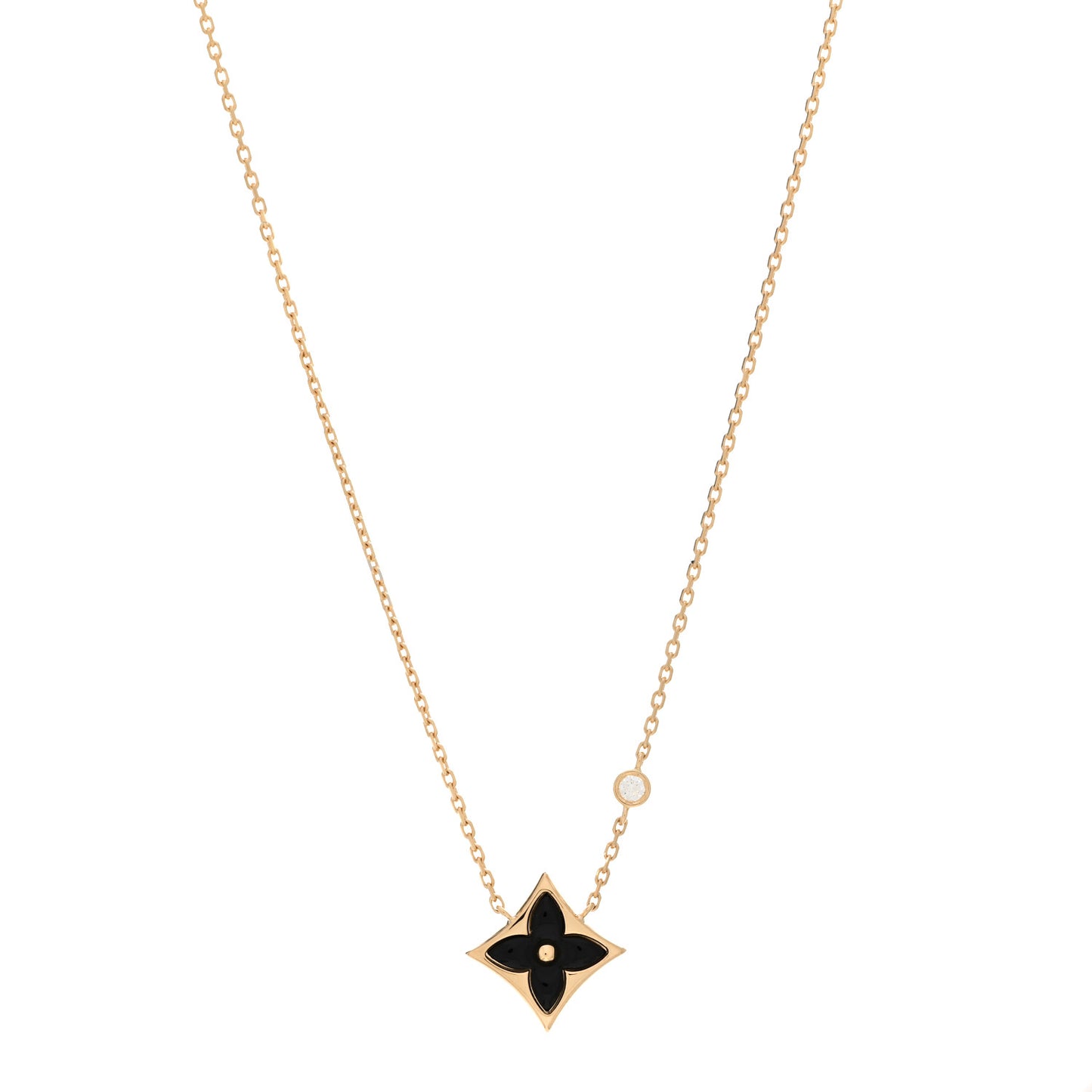 18K Yellow Gold Diamond Black Onyx Color Blossom BB Star Pendant Necklace