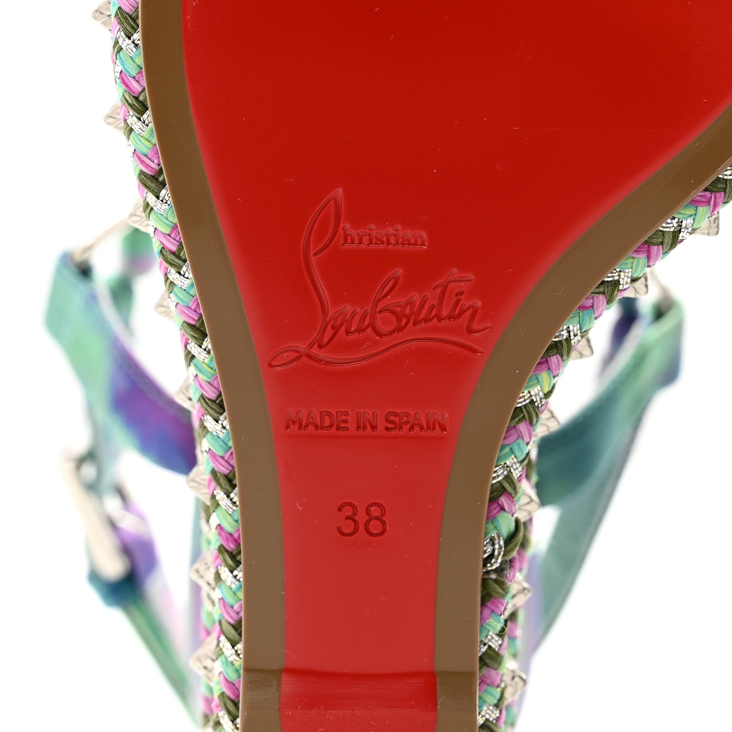 Christian Louboutin Silk Spike Studded Watercolor Pyraclou 110 Wedge Sandals 38 Green Fuschia 6 of 8