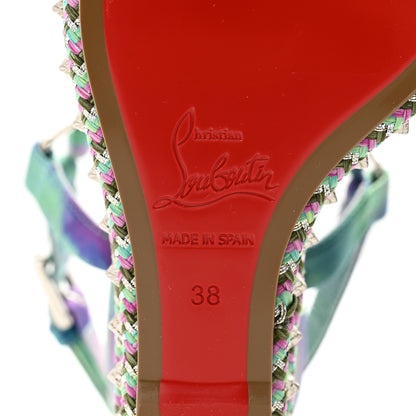 Christian Louboutin Silk Spike Studded Watercolor Pyraclou 110 Wedge Sandals 38 Green Fuschia 6 of 8