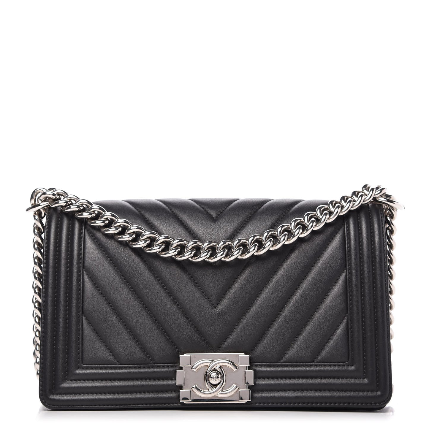 Calfskin Chevron Quilted Medium Boy Flap Black