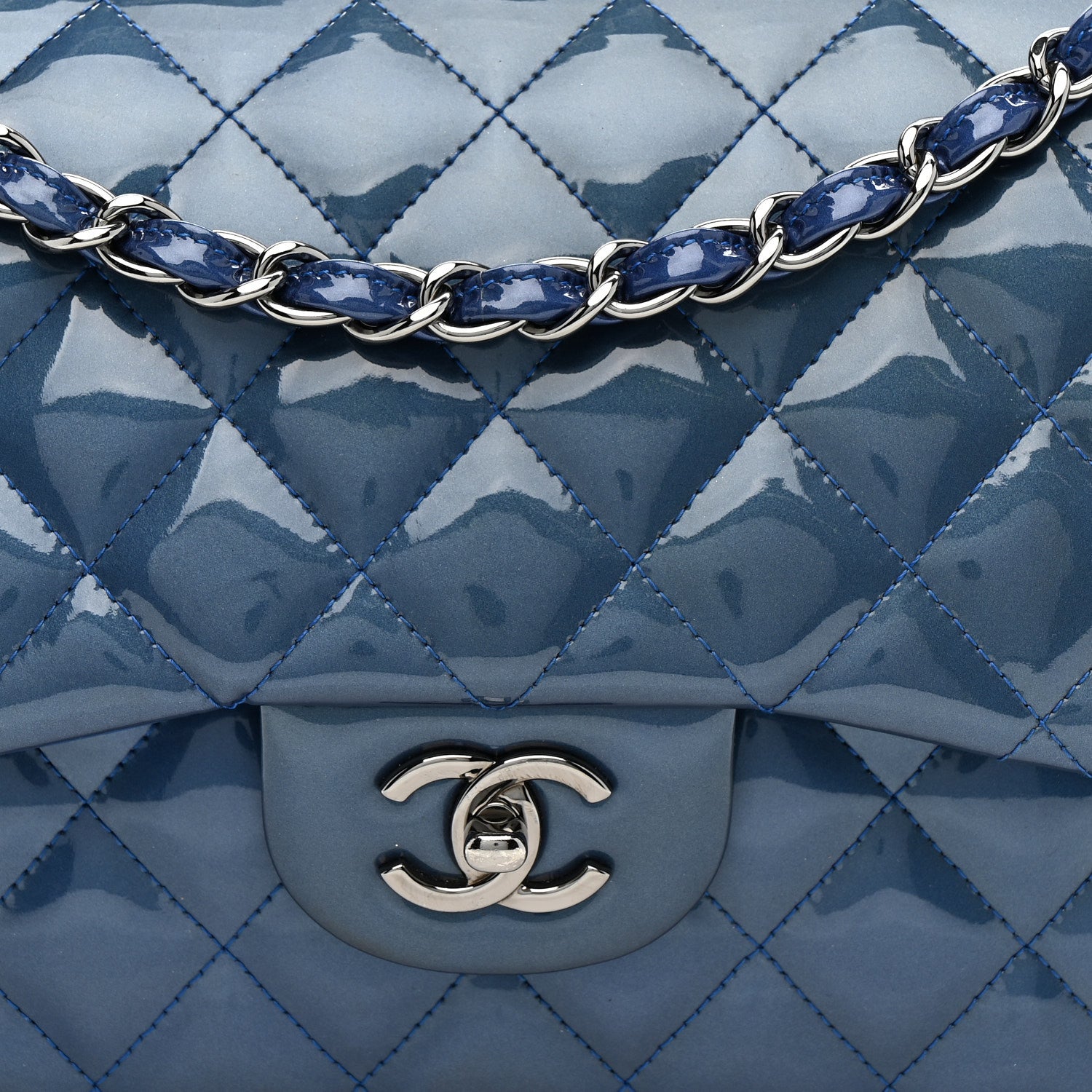 Chanel Patent Calfskin Quilted Jumbo Double Flap Blue 8 of 12