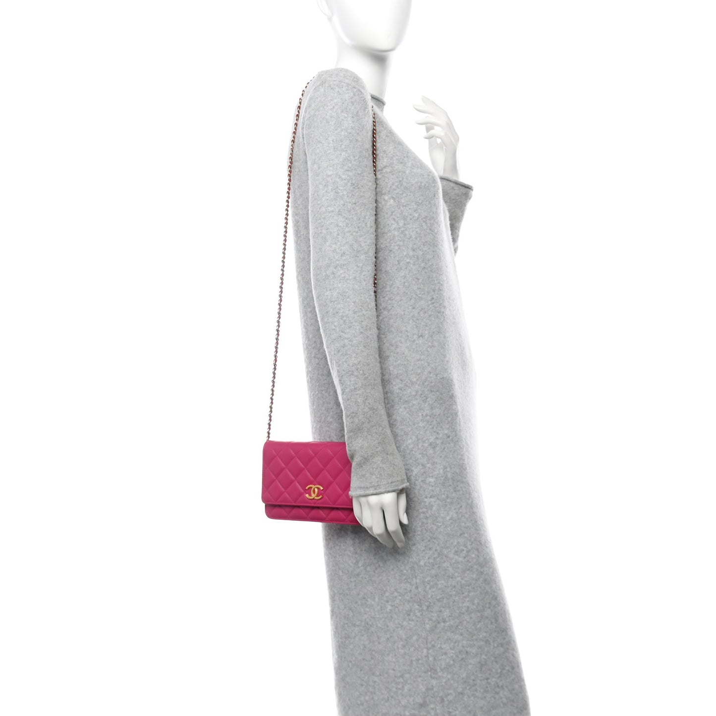 Lambskin Quilted Studded CC Wallet On Chain WOC Dark Pink