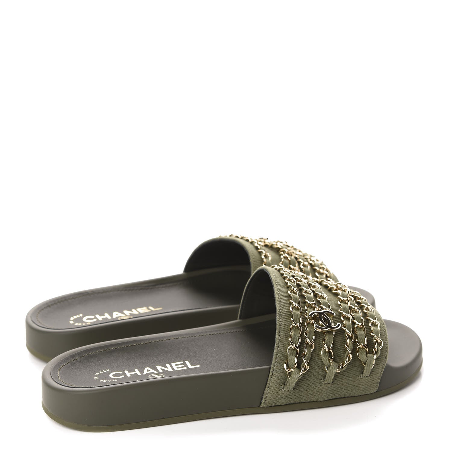 Chanel Canvas Chain Flat Sandals 38 Khaki 4 of 10