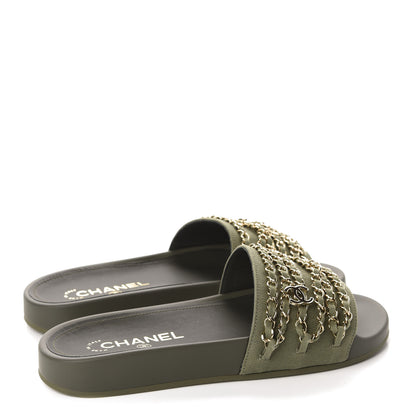 Chanel Canvas Chain Flat Sandals 38 Khaki 4 of 10