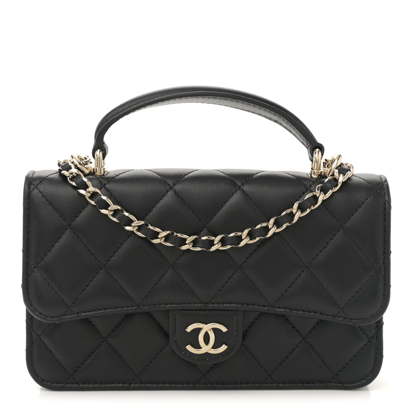 Lambskin Quilted Flap Phone Holder With Chain Black