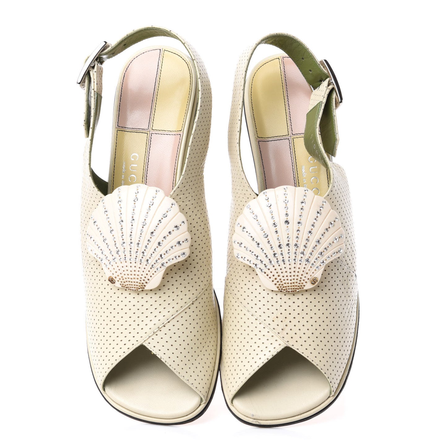 Calfskin Perforated Shell Embellished Slingback Sandals 38 Vintage White