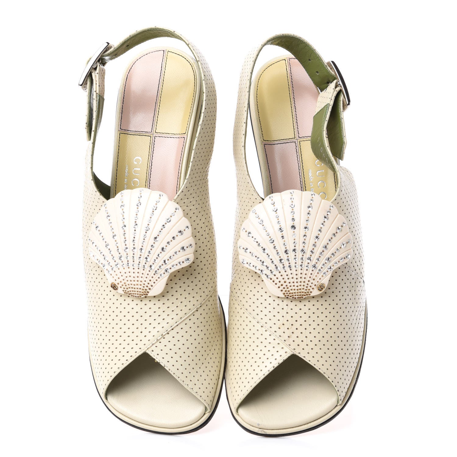 Gucci Calfskin Perforated Shell Embellished Slingback Sandals 38 Vintage White 5 of 11