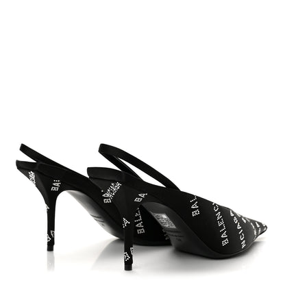 Balenciaga Satin Strass Allover Logo Square Knife 110mm Slingback Pumps 38 Black 5 of 11