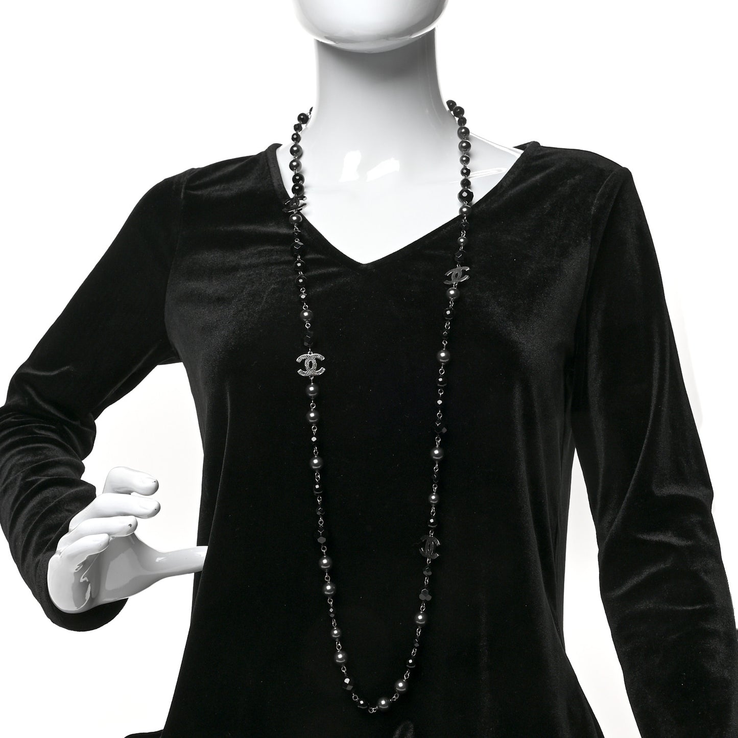 Ruthenium Pearl Beaded CC Long Necklace Black