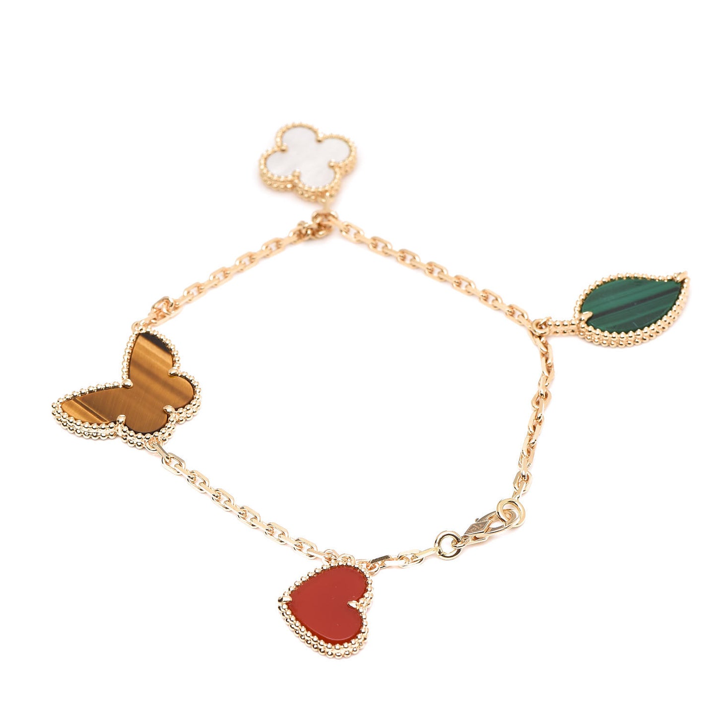 18K Yellow Gold Mother of Pearl Malachite Carnelian Tiger Eye 4 Motifs Lucky Alhambra Bracelet