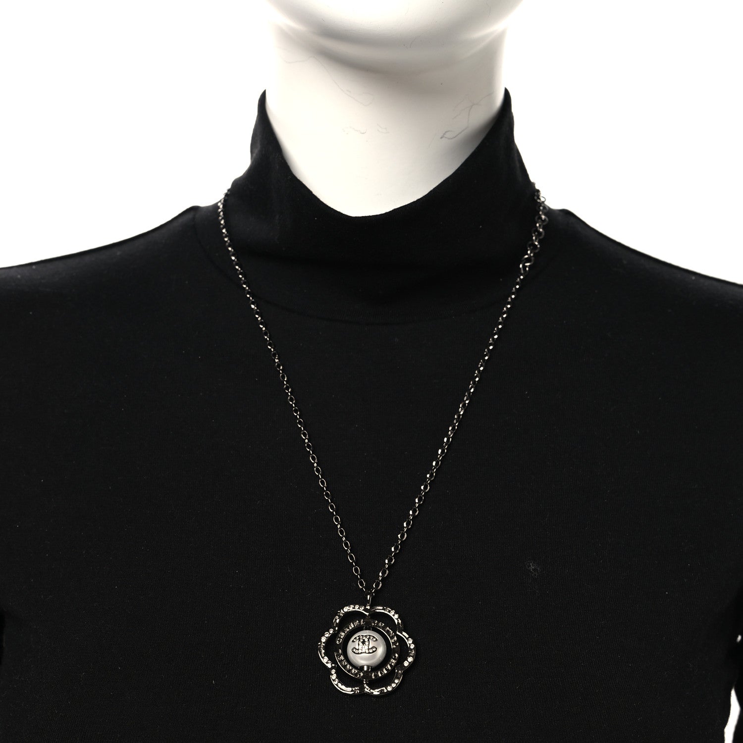 Chanel Metal Crystal Pearl CC Camellia Pendant Necklace Silver 2 of 5
