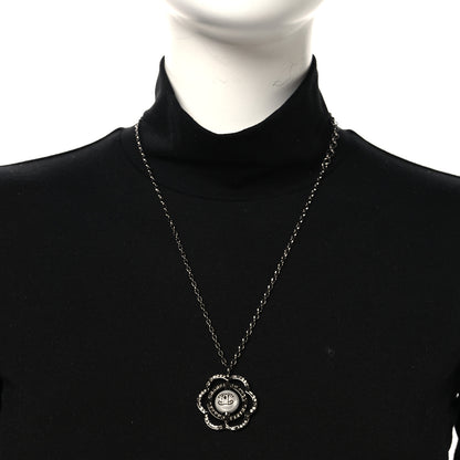 Chanel Metal Crystal Pearl CC Camellia Pendant Necklace Silver 2 of 5