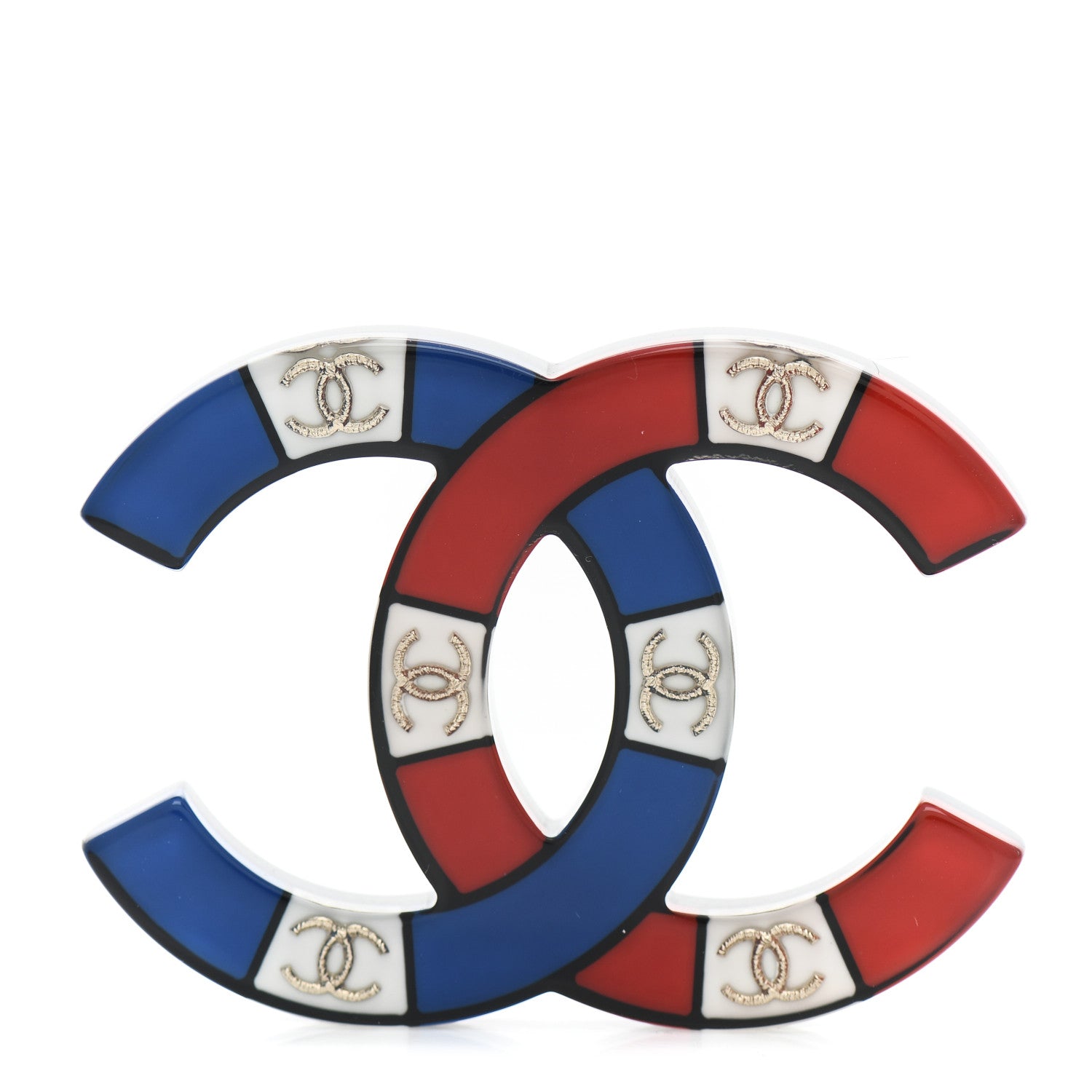 Chanel Resin Metal CC Brooch Red White Blue 1 of 4