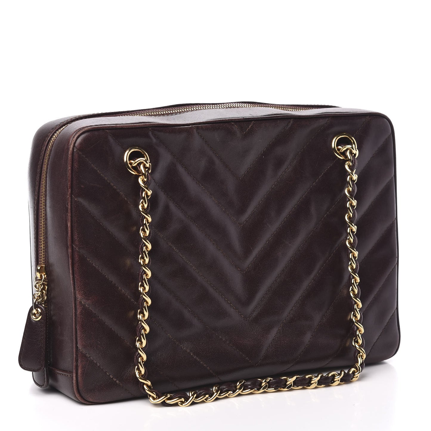 Lambskin Chevron Quilted Camera Case Brown
