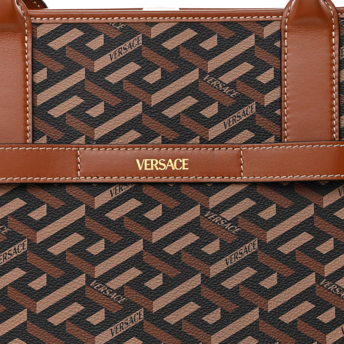 Coated Canvas Calfskin La Greca Signature Tote Bag Black Caramel