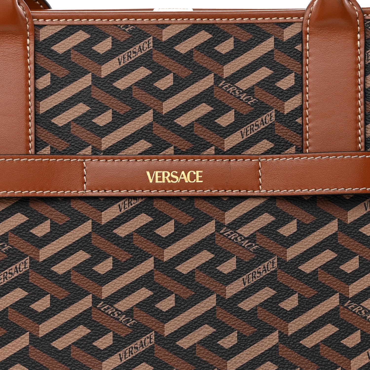 Versace Coated Canvas Calfskin La Greca Signature Tote Bag Black Caramel 8 of 10