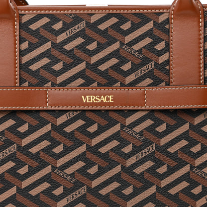 Versace Coated Canvas Calfskin La Greca Signature Tote Bag Black Caramel 8 of 10