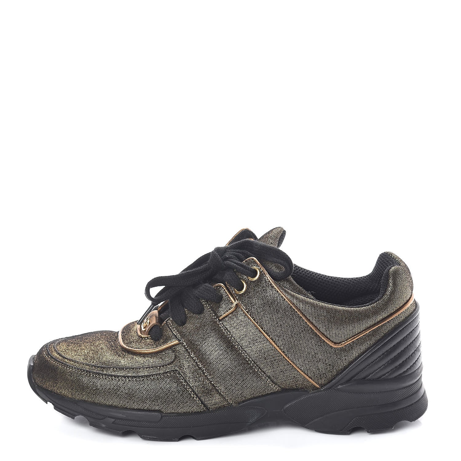 Chanel Metallic Fabric Calfskin Womens CC Sneakers 38 Golden Brown 1 of 8