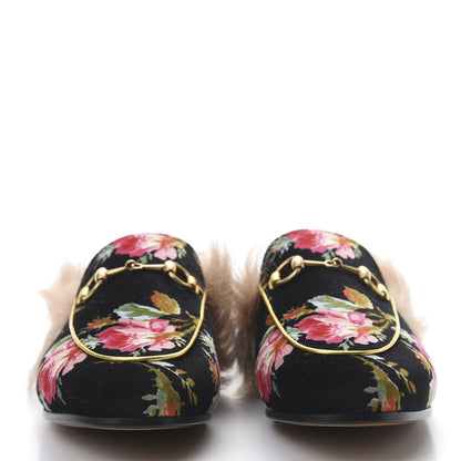 Gucci Velvet Fur Floral Womens Princetown Slippers 37 Black 2 of 8