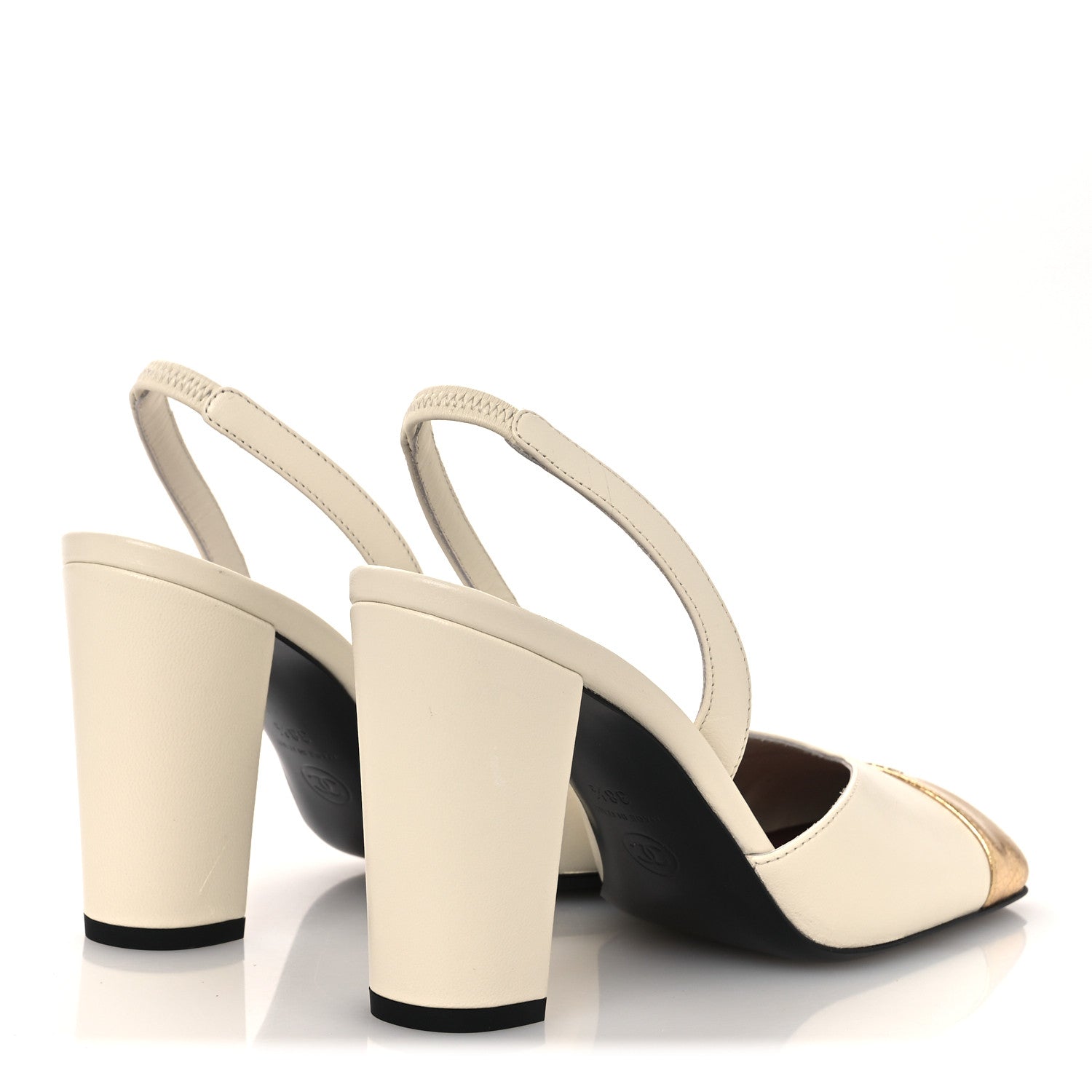 Chanel Lambskin Metallic Crackled Calfskin Square Cap Toe CC Slingback Pumps 38.5 Ivory Gold 5 of 11