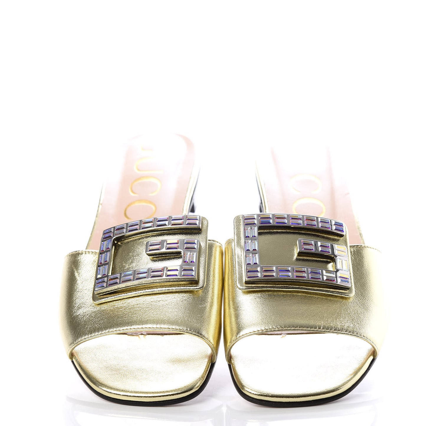Metallic Nappa Crystal Square G Madelyn Slide Sandals 39.5 Gold