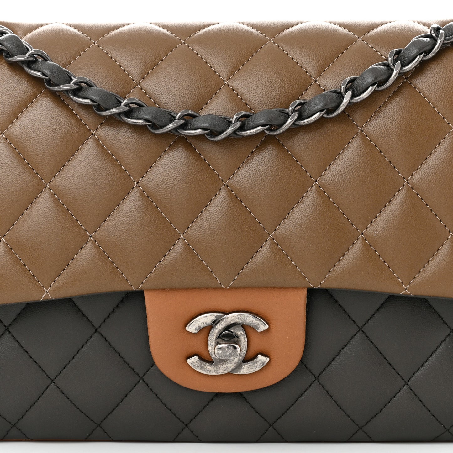 Lambskin Quilted Tri-Color Medium Double Flap Brown Grey Light Brown