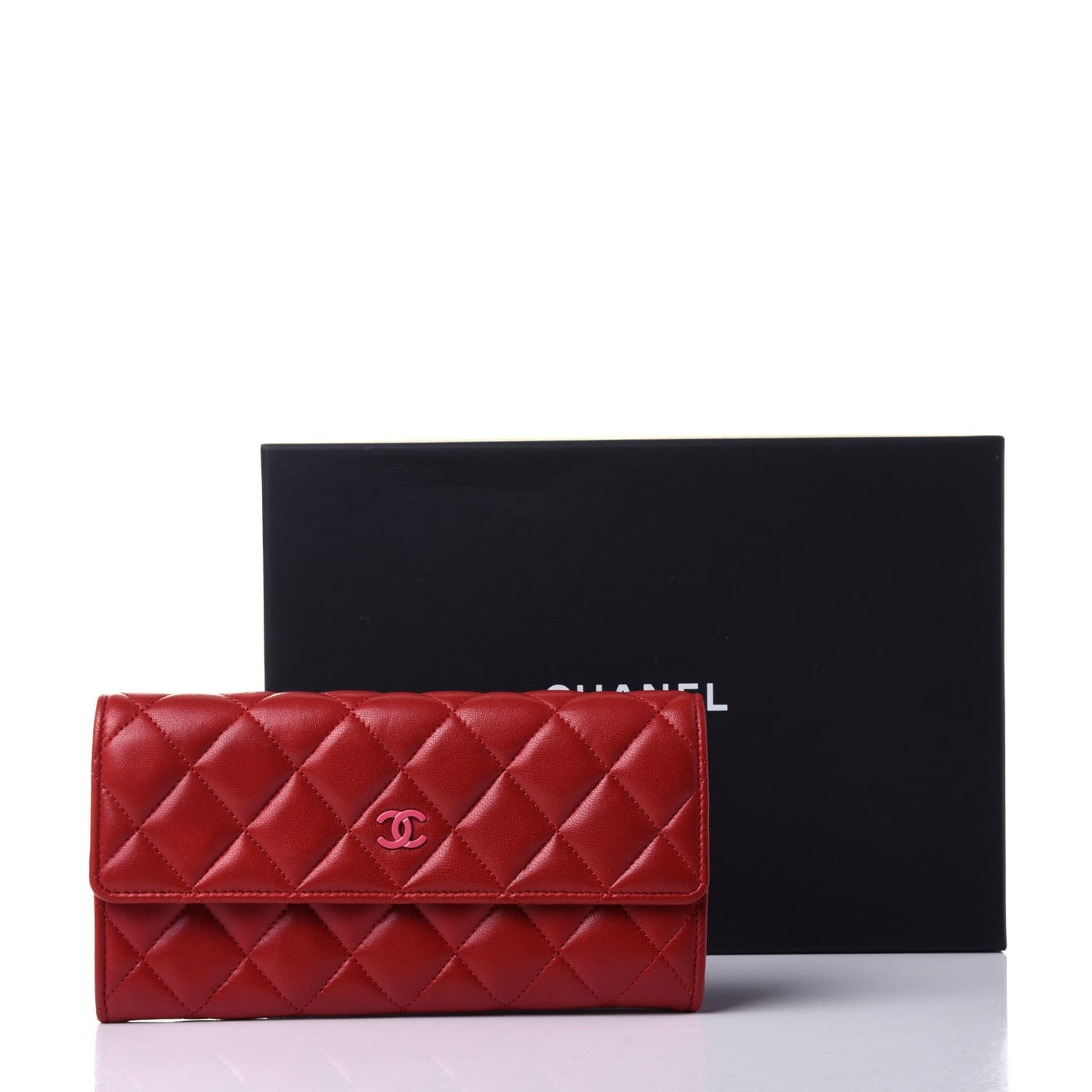 Lambskin Quilted Large Gusset Flap Wallet Red