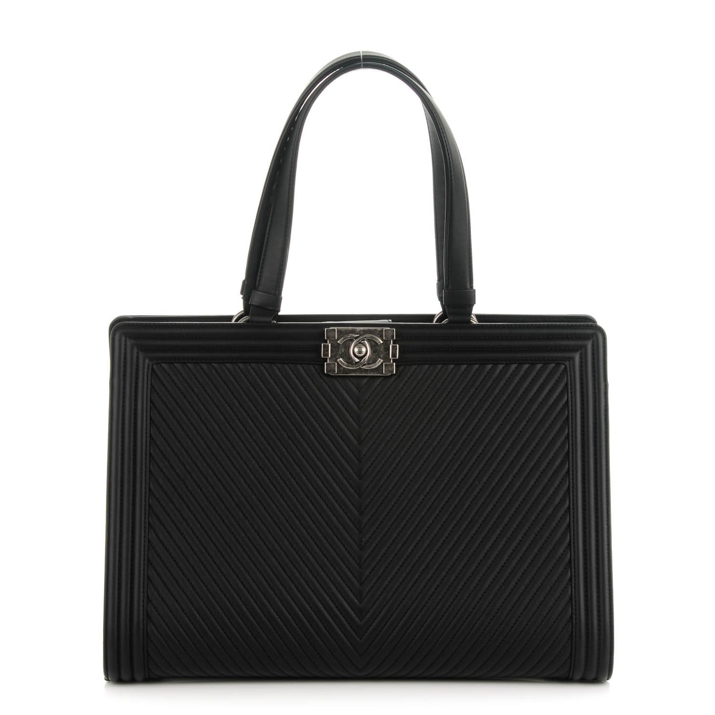 Calfskin Chevron Quilted Boy Shopping Tote Black
