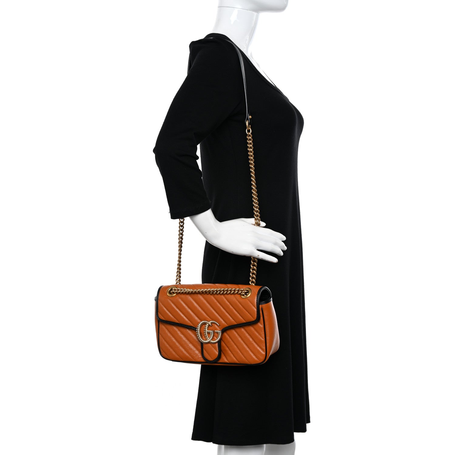 Gucci Vintage Effect Calfskin Matelasse Diagonal Small Torchon GG Marmont Shoulder Bag Cognac Black 2 of 10