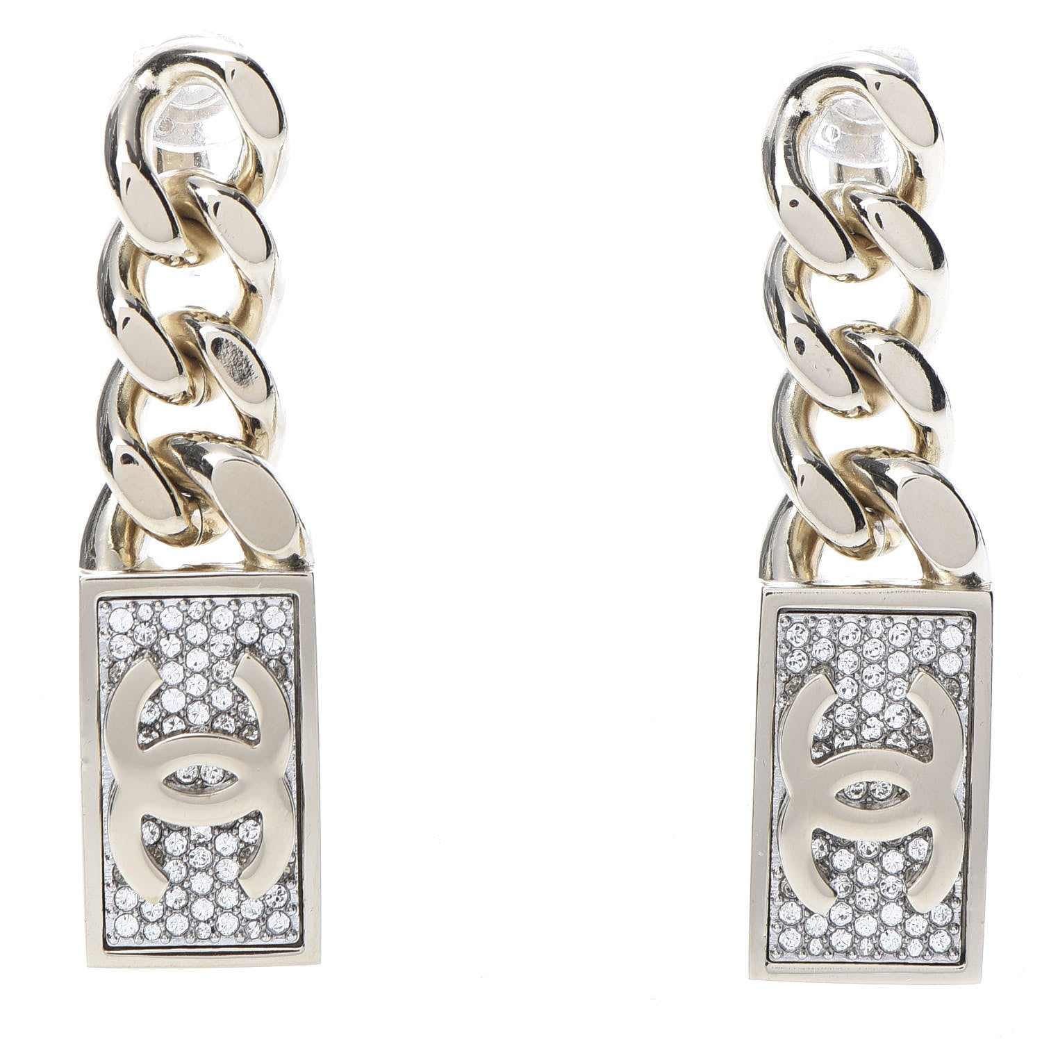 Chanel Crystal Dog Tag Charm Earrings Gold 1 of 5