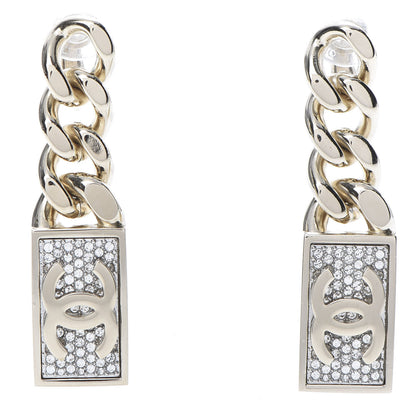 Chanel Crystal Dog Tag Charm Earrings Gold 1 of 5
