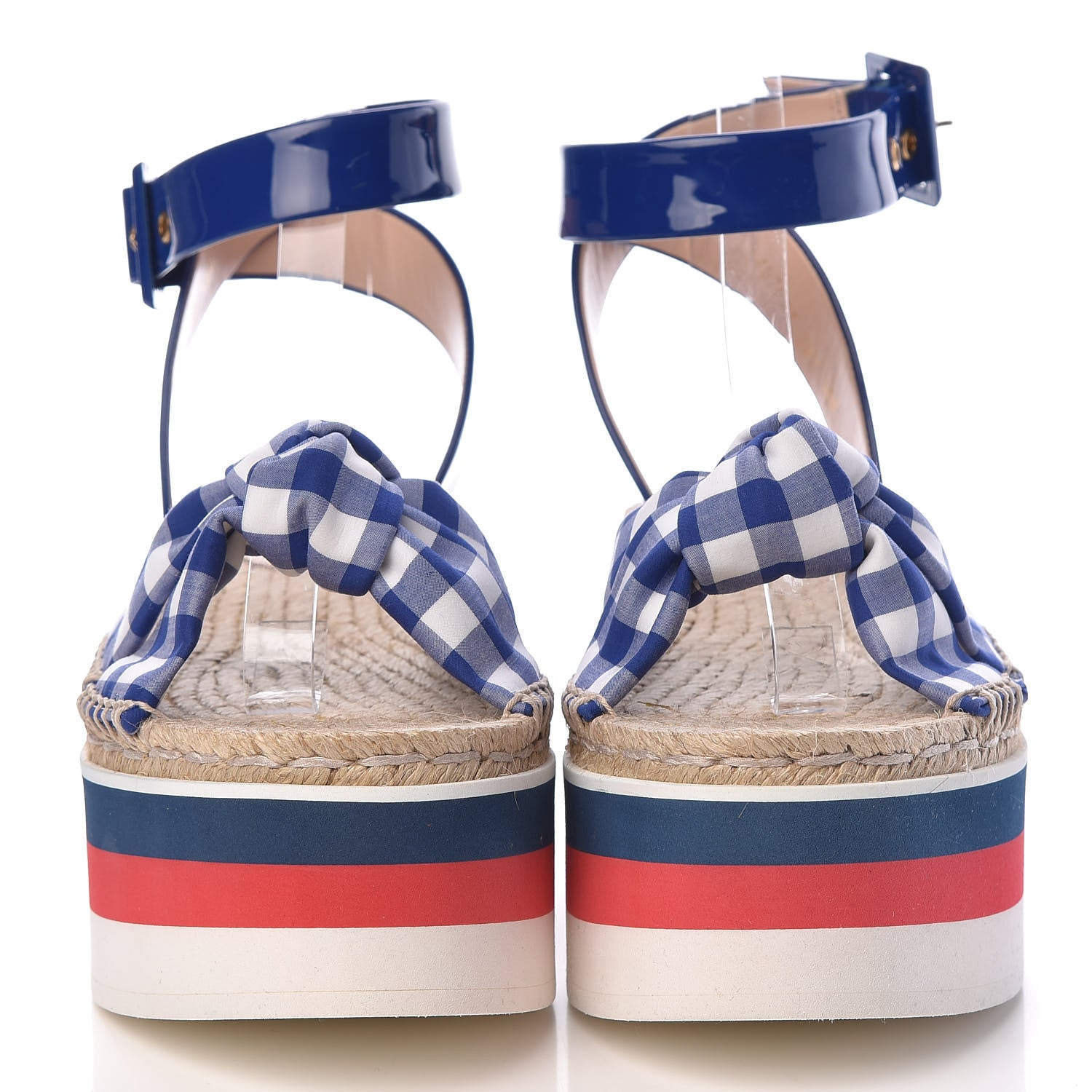 Gucci Patent Cotton Gingham Sefir Espadrille Platform Sandals 39.5 Blue White 2 of 10