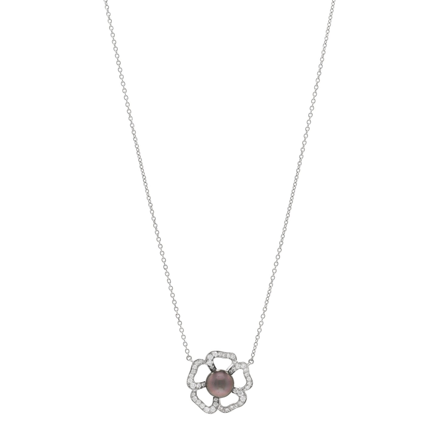 18K White Gold Diamond Tahitian Pearl Open Flower Pendant Necklace