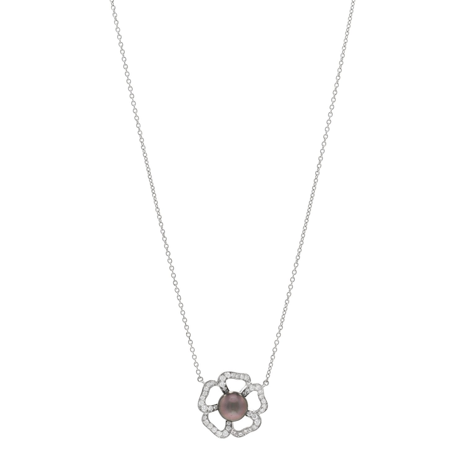Mikimoto 18K White Gold Diamond Tahitian Pearl Open Flower Pendant Necklace 1 of 3