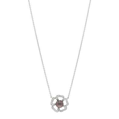 Mikimoto 18K White Gold Diamond Tahitian Pearl Open Flower Pendant Necklace 1 of 3