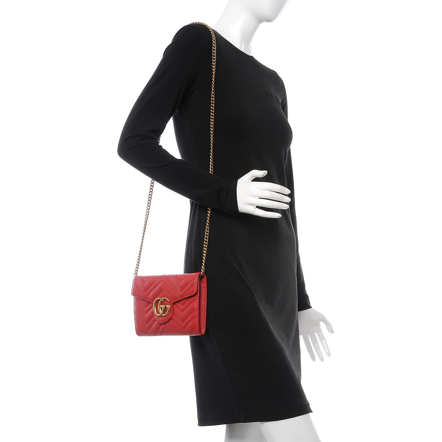 Gucci Calfskin Matelasse Mini GG Marmont Chain Wallet Hibiscus Red 2 of 8