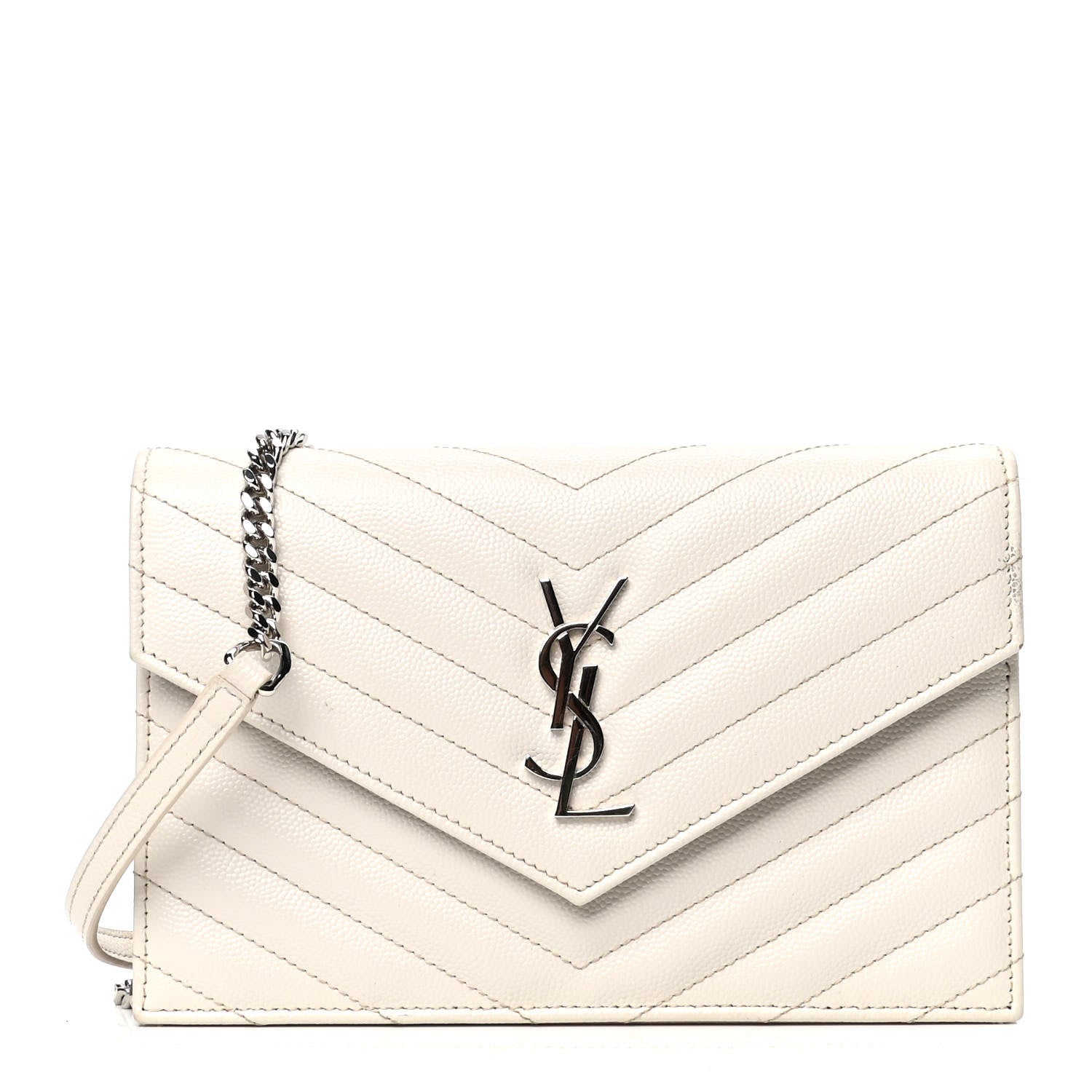 Saint Laurent Grain De Poudre Matelasse Chevron Monogram Envelope Chain Wallet Dove White 1 of 5