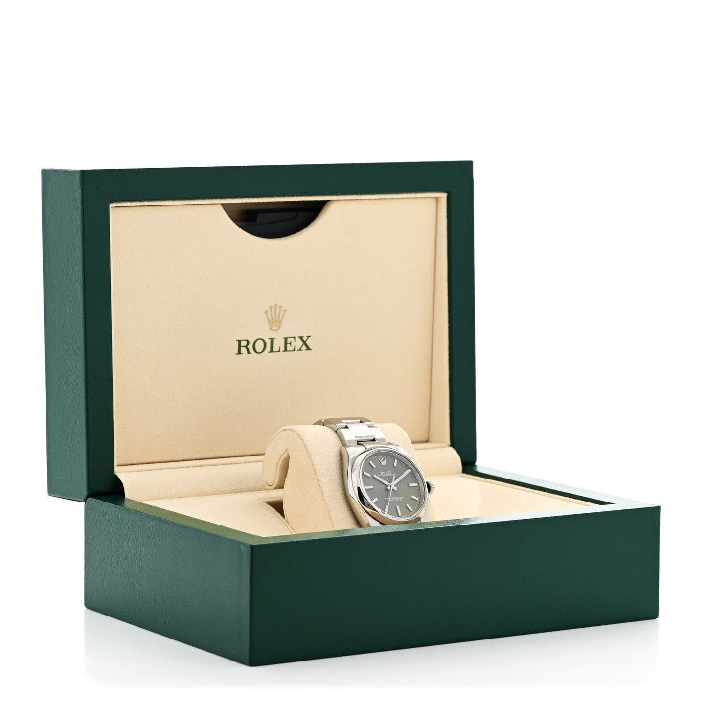 Stainless Steel 34mm Oyster Perpetual Watch Olive Green 114200